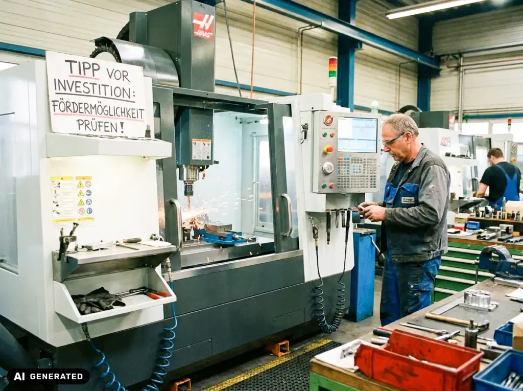 KI generiertes Bild: Handwerksbetrieb mit Maschine mit Text "10 Prozent Investitionsförderung Salzburg"