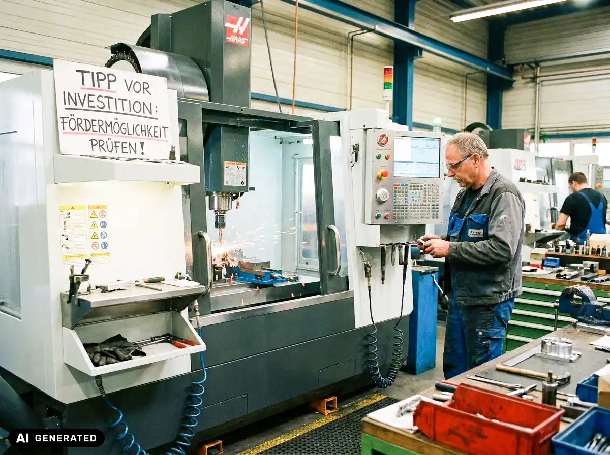 KI generiertes Bild: Handwerksbetrieb mit Maschine mit Text "10 Prozent Investitionsförderung Salzburg"